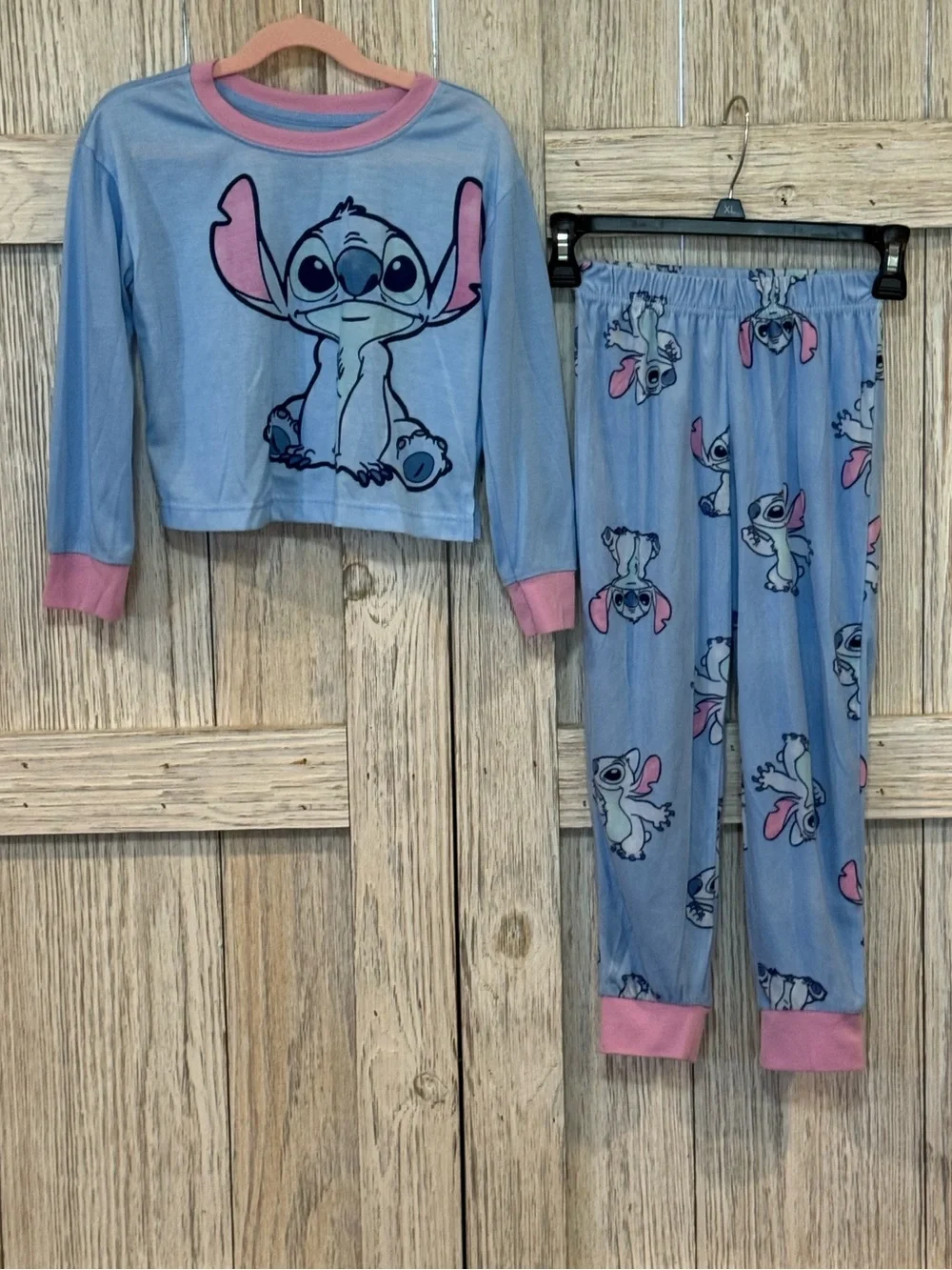 Disney Kids Blue Stitch Print Pajama Set with Pink Trim Sz 6/6X